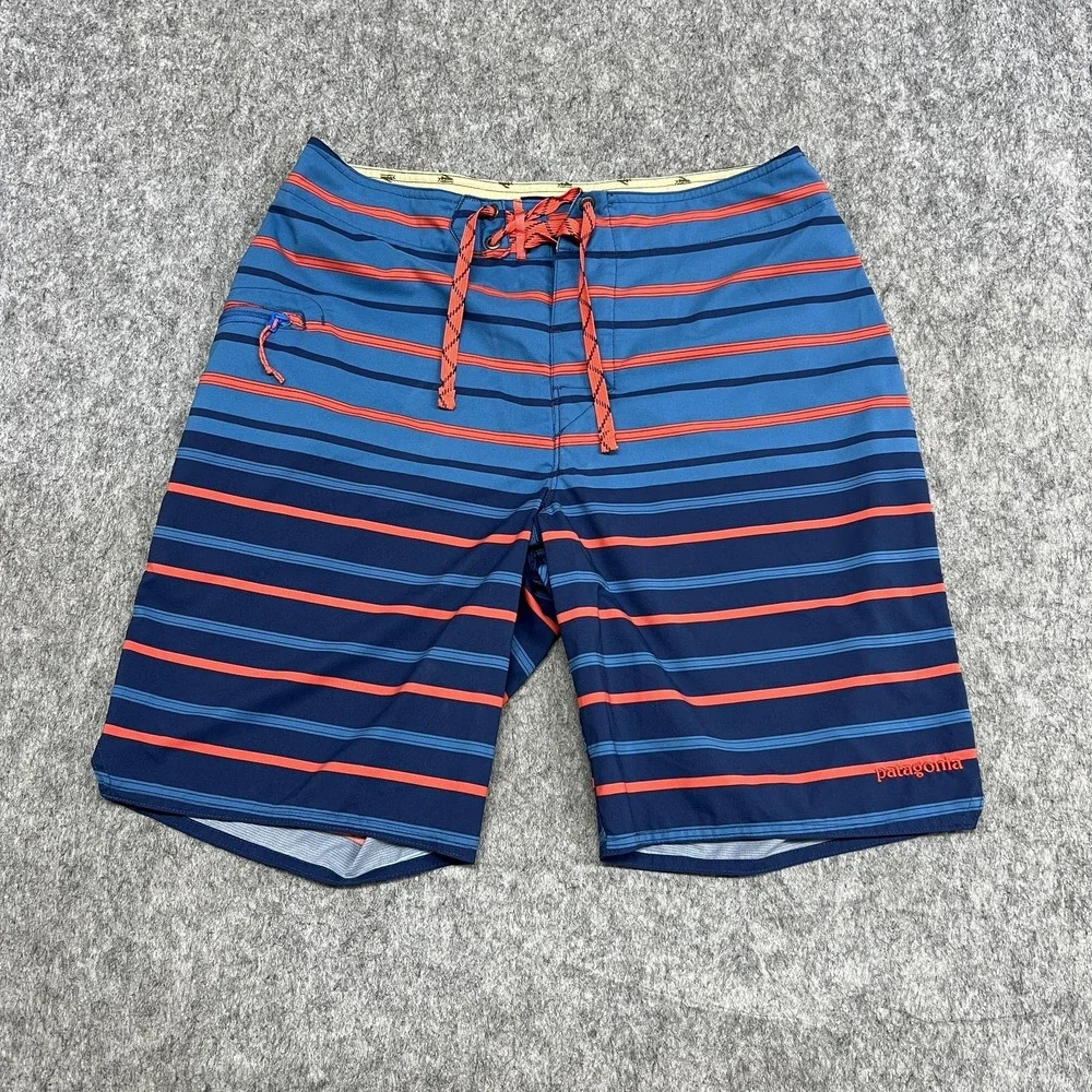 Patagonia Board Shorts Mens 30 Blue Stripe Drawstring Swim Trunks Quick Dry Surf